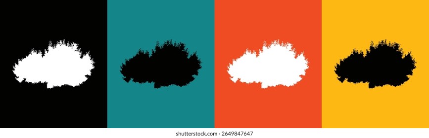 The image displays four vertical panels, each with a distinct solid color background: black, teal, orange, and yellow