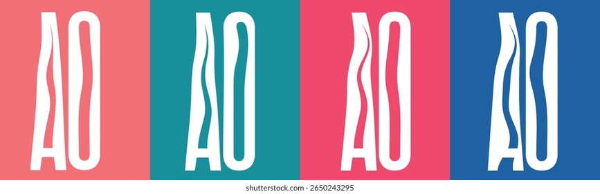 The image displays four vertical panels featuring the letters "AO" in white against solid colored backgrounds. 