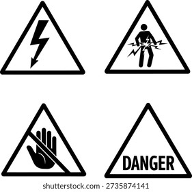The image displays four warning signs, each within a triangular border. The first sign depicts a lightning bolt, indicating an electrical hazard. The second sign shows a person being electrocuted, suggesting a risk of electric shock. The third sign features a hand with fingers spread out, possibly indicating a cautionary measure. The fourth sign simply reads 'DANGER' in bold letters, indicating a general hazard.