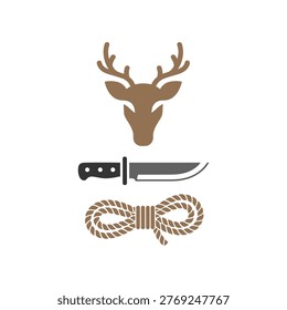 The image displays a graphic emblem consisting of a deer head silhouette at the top, a knife positioned centrally below it, and a stylized rope with an infinity knot beneath the knife. The deer head has prominent antlers, the knife has a simple handle with rivets, and the rope features a pattern with green, orange, and grey colors, symbolizing unity, strength, and nature.