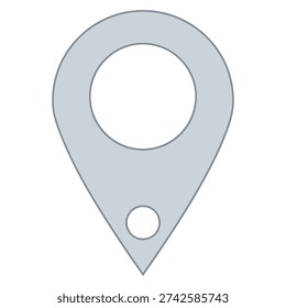 The image displays a gray map pin icon with a large circular cutout and a smaller circular cutout at the bottom, set against a plain white background.