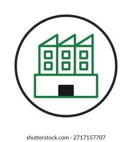 The image displays a green building in a circle, symbolizing environmentally conscious architecture and construction methods. The use of green represents eco-friendly design, efficiency and