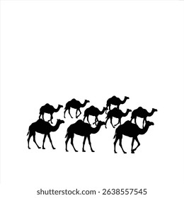 
The image displays a group of eight black camel silhouettes against a plain white background. The camels are depicted in various poses, suggesting movement, as if they are walking across a landscape.