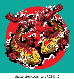 The image displays a harmonious blend of two koi fish in a yin-yang formation, set against a teal background.