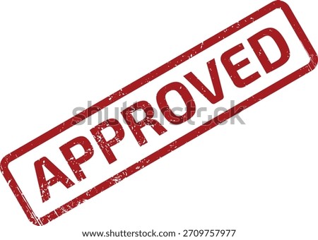 The image displays an isolated, slightly angled red rubber stamp impression of the word APPROVED. A worn texture provides a vintage or retro look. Isolated on a solid white background.