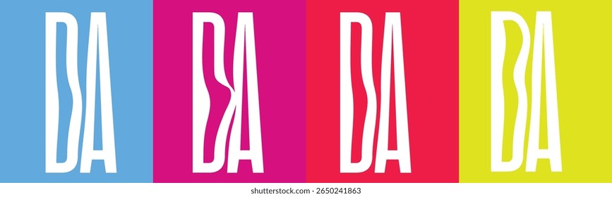 The image displays the letters DA in white against four distinct, solid color backgrounds arranged side-by-side. 