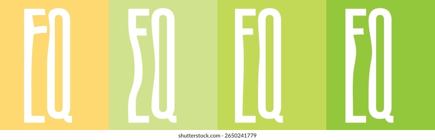 The image displays the letters "EQ" repeated four times across a background that transitions from a pale yellow on the left to a light green on the right. 