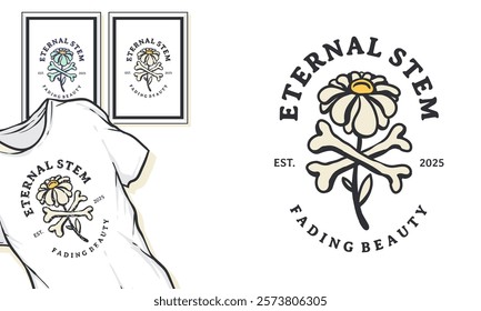 The image displays a logo design featuring a flower with crossed bones, symbolizing fading beauty, presented on a t-shirt and framed prints.