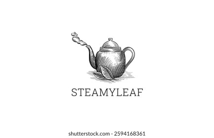 The image displays a logo with a steaming teapot and leaves, representing a tea brand.