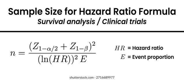 Uma imagem mostra a fórmula matemática usada em bioestatística para calcular o tamanho de amostra necessário para ensaios clínicos envolvendo análise de sobrevida.