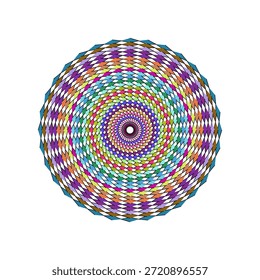 Das Bild zeigt ein faszinierendes kreisförmiges abstraktes Design, das mit einem Kaleidoskop von Farben gefüllt ist. Es besteht aus zahlreichen kleinen, rautenförmigen Elementen, die sorgfältig in konzentrischen Ringen angeordnet sind, was ein starkes Gefühl der Tiefe und einen fesselnden Spiraleffekt erzeugt, der das Auge in Richtung der Mitte zieht. Das lebendige Farbenspektrum, einschließlich Purpur, Blues, Grün, Gelb, Orangen und Rosa, trägt zu einem dynamischen und fast hypnotischen visuellen Erlebnis bei. Die Gesamtkomposition ruft ein Gefühl der Bewegung und komplizierte Handwerkskunst hervor, die an ein Mandala oder eine komplexe Tessellation erinnert, die auf unberührtem weißem Hintergrund steht.