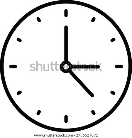 The image displays a minimalist clock face with black lines on a white background, indicating a particular hour and minute.
