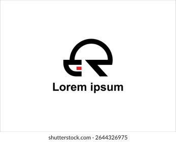 The image displays a minimalist logo design featuring the letter R The logo is composed of bold black lines forming a circular shape incorporating the letter R A small red square