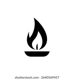 An image displays a minimalist, stylized, black candle flame set atop a small, bowl-shaped holder, all rendered in solid black against a clean, white backdrop.