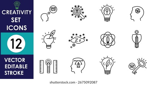The image displays a minimalistic set of 12 creativity icons in black outline style, including heads, light bulbs, gears, rulers, atoms, and thought bubbles