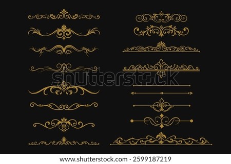 Image displays multiple elegant golden ornate divider designs on a dark black background for decoration.