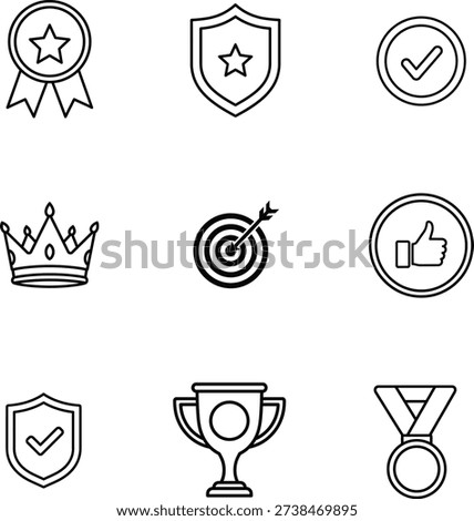The image displays nine simple black line icons on a white background, arranged in three rows. The icons represent various symbols of achievement, recognition, and excellence, including medals, shields, crowns,