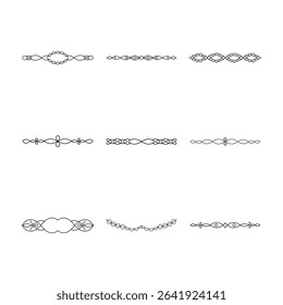 The image displays nine unique, symmetrical, and decorative dividers in black lines against a white background, perfect for graphic design.