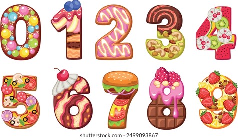 The image displays the numbers 0 to 9 creatively decorated with various foods. Each number is adorned with different types of food, from fruits and berries on the zero and one to pizza slices on the