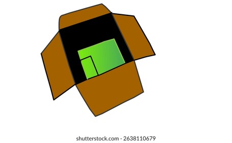 The image displays an open, brown cardboard box, viewed from slightly above and to the side. Inside the box, which appears dark or empty towards the bottom,