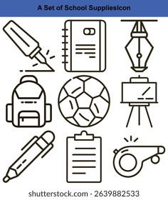 Image displays outline icons including a backpack, notebook, pen, soccer ball, painting easel, whistle, pen nib, writing pad, and marker, neatly arranged on a grid.