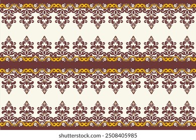 A imagem exibe um padrão decorativo repetitivo com uma estética vintage e ornamentada. O design apresenta fileiras de intrincados motivos florais em uma cor marrom profunda, definido contra um fundo bege claro. 