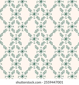 The image displays a repeating geometric pattern featuring green leaf-like shapes arranged in a symmetrical, star-like formation on a light beige background.