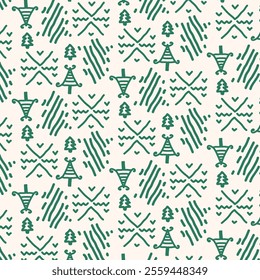 The image displays a repeating geometric pattern featuring green trees, abstract shapes resembling mountains, and various line arrangements on a white background. 