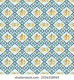 image displays a repeating pattern with gold and green floral motifs framed within diamond shapes on a light blue background, emphasizing symmetry and elegance.vector seamless pattern for fabric,tile