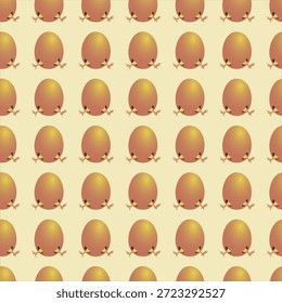 La Imagen muestra un patrón repetitivo de huevos dorados, cada uno con una Pequeña pluma marrón unida. Los huevos están dispuestos en una cuadrícula, creando un diseño visualmente atractivo y simétrico. El tono dorado de los huevos contrasta maravillosamente con el fondo beige claro, haciendo que el patrón destaque de manera prominente.