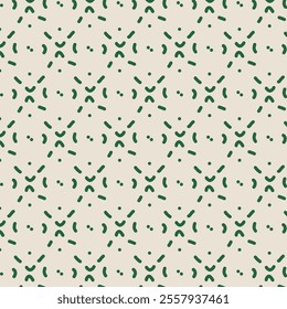 The image displays a repeating pattern of green shapes on a beige background. The pattern consists of small, abstract green marks arranged symmetrically, creating a visually appealing