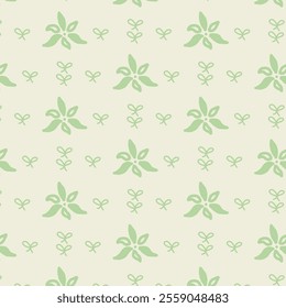 The image displays a repeating pattern of green floral designs on a beige background. The larger floral motifs are interspersed with smaller, simpler green shapes, creating a balanced and aestheticall