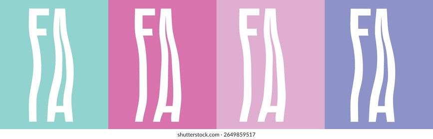 The image displays a repeating pattern of the letters "FA" in white against four distinct pastel-colored vertical stripes. 