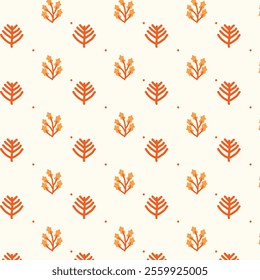 The image displays a repeating pattern of orange autumn leaves on a light beige background. The leaves are arranged in a grid-like formation, creating a visually appealing and symmetrical design.