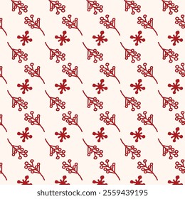 The image displays a repeating pattern of red floral and branch-like designs on a beige background. The pattern consists of alternating rows of stylized flowers and branching motifs, creating a visual