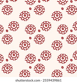 The image displays a repeating pattern of red circular shapes with intricate designs on a beige background. The circles are evenly spaced and feature a central dot surrounded by concentric circles 