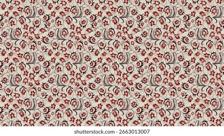 The image displays a repeating pattern of red and maroon floral designs with swirling stems on a light beige background, creating an elegant, intricate texture.