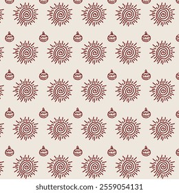 The image displays a repeating pattern of stylized sun symbols and small ornamental shapes in a grid layout. The design is in a reddish-brown color on a light beige background, creating a visually app