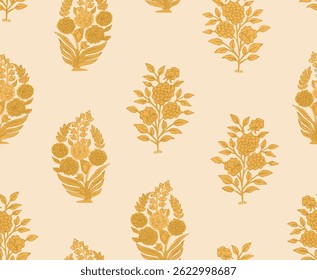 A imagem mostra um padrão repetitivo de desenhos florais estilizados. Esses desenhos parecem inspirados na impressão de blocos tradicional ou em padrões têxteis. 