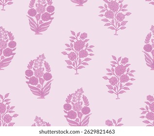 The image displays a repeating pattern of stylized pink floral motifs on a light pink background. Each motif features a cluster of flowers and leaves, arranged in a symmetrical design.