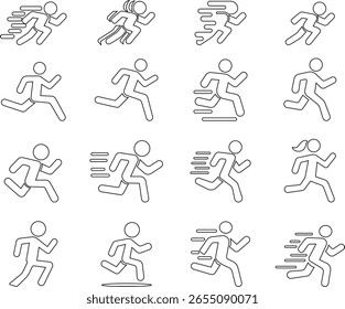 image displays of running and walking icon set. used to symbolize movement fitness or activity in various contexts workout modes or goals related to speed progress or routes web design infographics