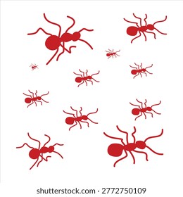 The image displays a scattered, dynamic arrangement of red ant silhouettes on a clean white background.