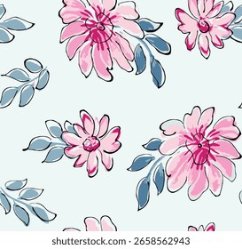 La Imagen muestra un patrón floral sin fisuras con flores de color rosa y hojas de color azul-gris sobre un fondo claro.