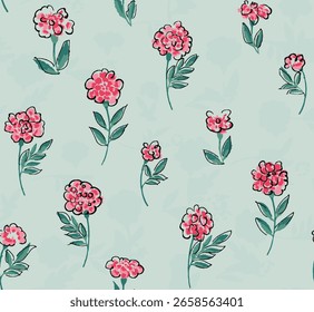 The image displays a seamless floral pattern featuring pink flowers with green stems and leaves on a light blue or green background. 