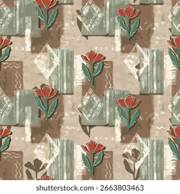Das Bild zeigt ein nahtloses Blumenmuster, das wahrscheinlich für Textilien oder digitale Hintergründe bestimmt ist. 
