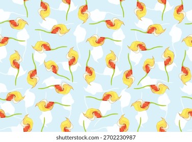 La Imagen muestra un patrón floral sin fisuras con flores estilizadas amarillas y rojas sobre un fondo azul claro. 
