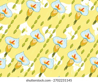 La Imagen muestra un patrón floral sin fisuras con ilustraciones de lirios de calla y hojas sobre un fondo amarillo. 
