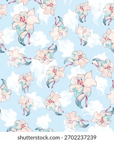 The image displays a seamless floral pattern featuring illustrations of light-colored flowers, possibly lilies or irises, against a light blue, cloud-patterned background. 
