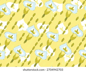 La Imagen muestra un patrón floral sin fisuras con flores estilizadas amarillas y blancas con hojas verdes sobre un fondo amarillo.