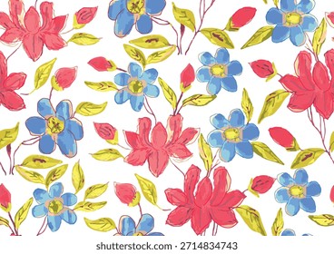 The image displays a seamless floral pattern featuring hand-drawn style flowers and leaves.